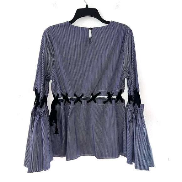 Beulah Blue Striped Lace Up Wide Sleeve Top Large - Picture 2 of 8